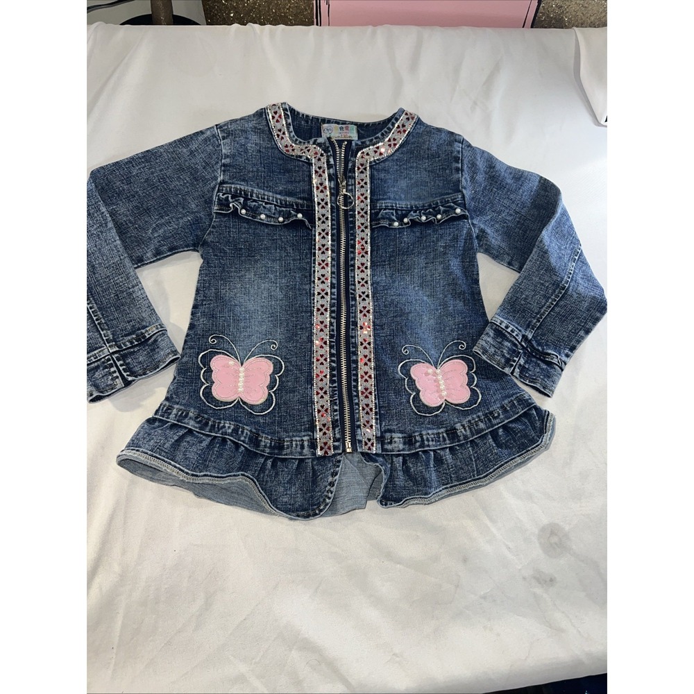 Denim Jacket with Pink Accents Embroidery Girls Small Sparkle Unique 446 READ